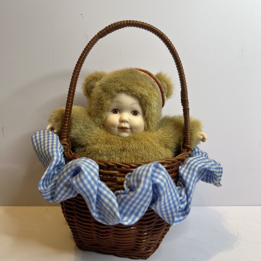 Retired 2002 Anne Geddes Baby Bear In Basket Doll 564671 American Sailor Hat.